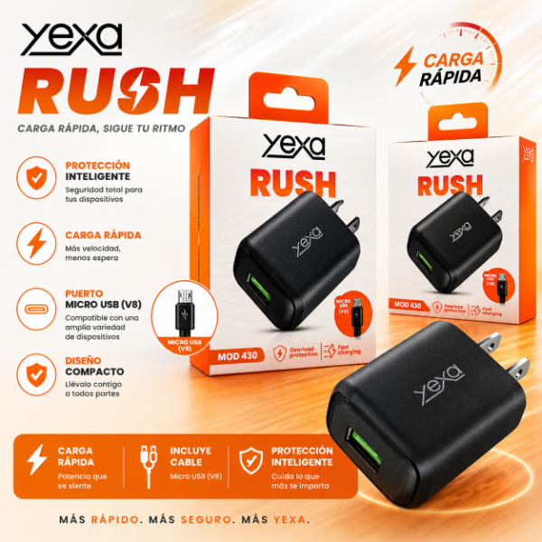 Producto - CARGADOR 220V 4.8A RUSH 1USB + CABLE V8 YEXA
