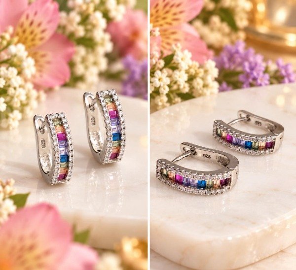 Producto - Aros argollitas Piedras Baguettes Multicolor Plata 925