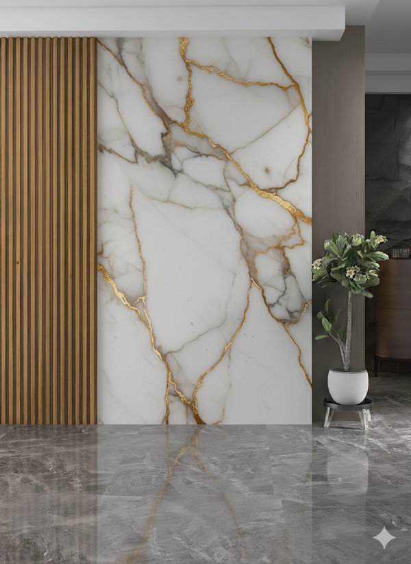 Producto - Placa decorativa PVC 3mm 244x122 diseño mármol blanco con vetas doradas y grises