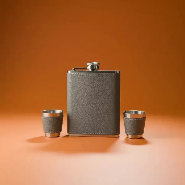 Producto - Petaca Whisky + Accesorios Eco Cuero color GRIS en Caja