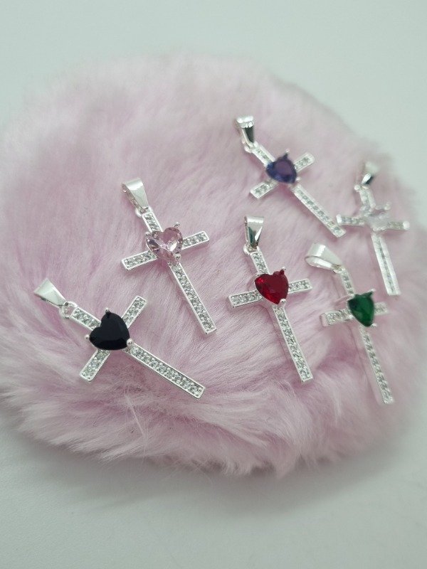 Producto - Dije acero blanco cruz strass gema color