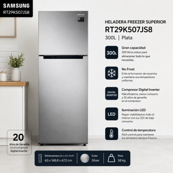 Producto - HELADERA SAMSUNG RT29K507JS8 300 LTS NO FROST SILVER - SIN DISPENSER
