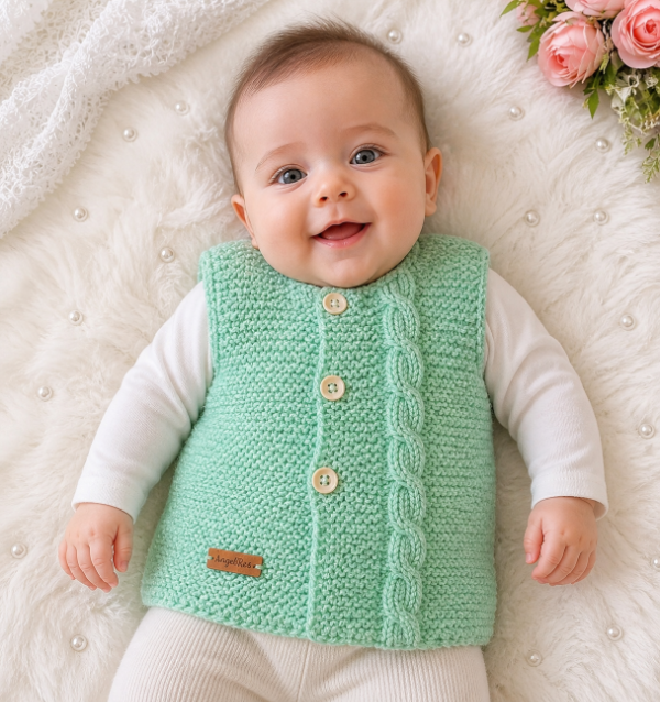Producto - Chaleco tejido a mano color verde con trenza y botones 0-3 meses