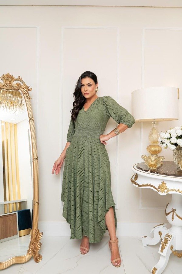 Producto - Vestido importado manga 3/4 VERDE SECO (Art. 255)Talle UNICO (aprox L/XL)