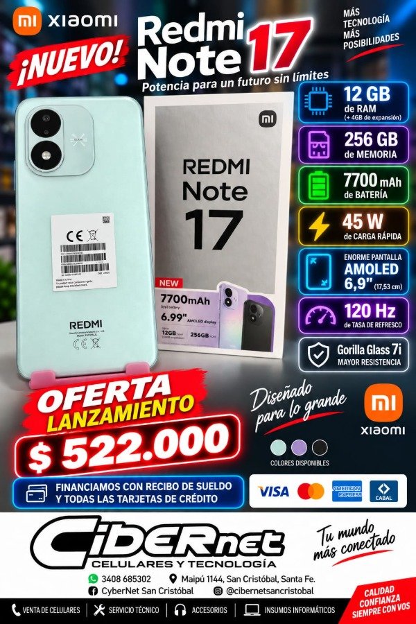 Producto - Celular Redmi Note 17 6+6/256gb