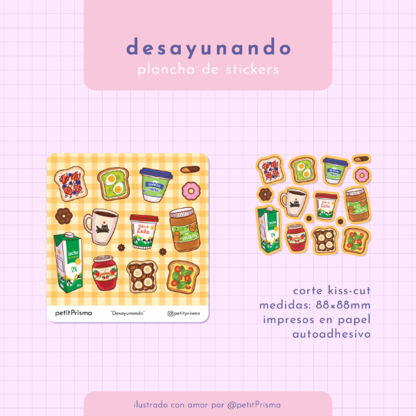 Producto - Plancha de Stickers Cuadrada "Desayunando"