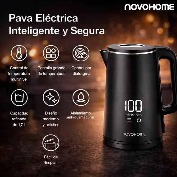 Producto - Pava electrica -Display Táctil Digital -1.7lts -1500W -c/medidor -acero inoxidab