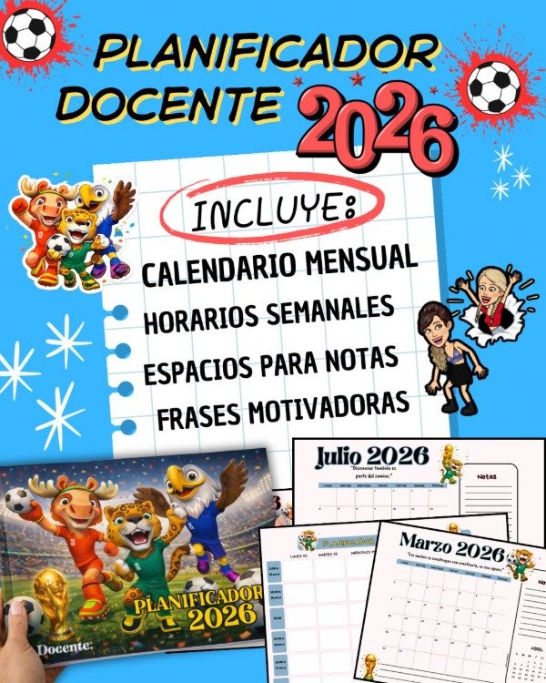 Producto - PLANIFICADOR DOCENTE 2026 TEMÁTICA MASCOTAS DEL MUNDIAL