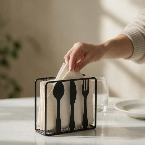 Producto - SERVILLETERO NEGRO CON DIBUJO DE TENEDOR CUCHARA Y CUCHILLO NEGRO - 0