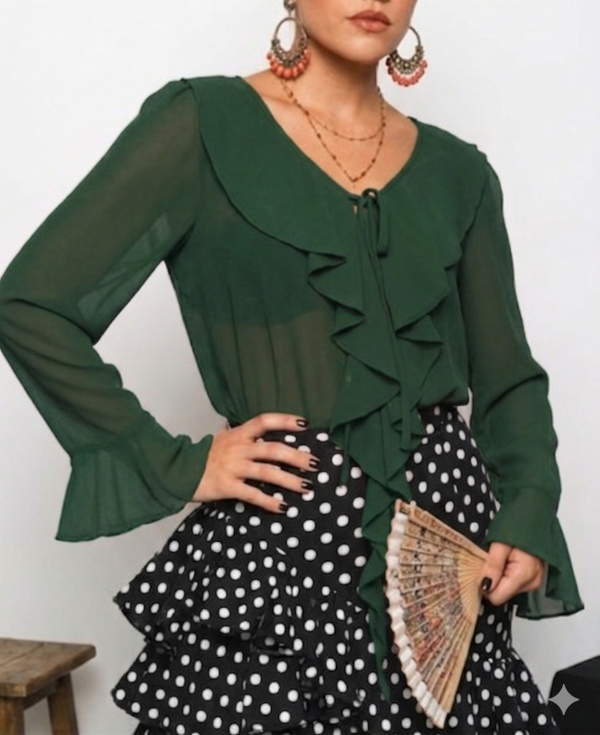 Producto - BLUSA DE GASA CON SHABOT VERDE OSCURO T1