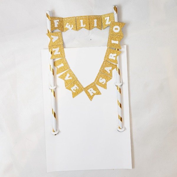 Producto - Banderin para torta FELIZ ANIVERSARIO color dorado