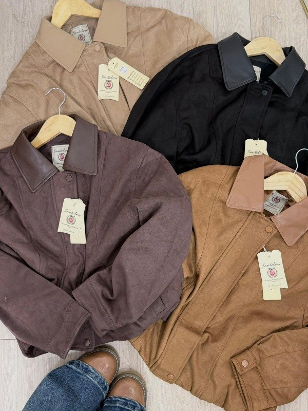 Producto - S20 Campera Gamuzada Cuello de ecocuero Botones Marrón Camel Negro Beige