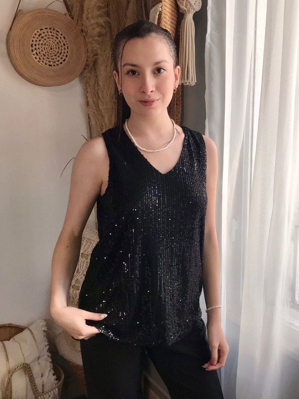 Musculosa Tuscany Lentejuelas Negra