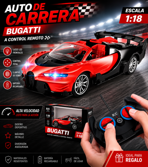 Producto - AUTO DE CARRERA C/R 1:18 BUGATTI - ZUMO - ROJO