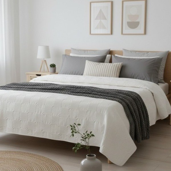 Producto - Cubre Cama Ajedrez Blanco - 2.50 x 2.50mts