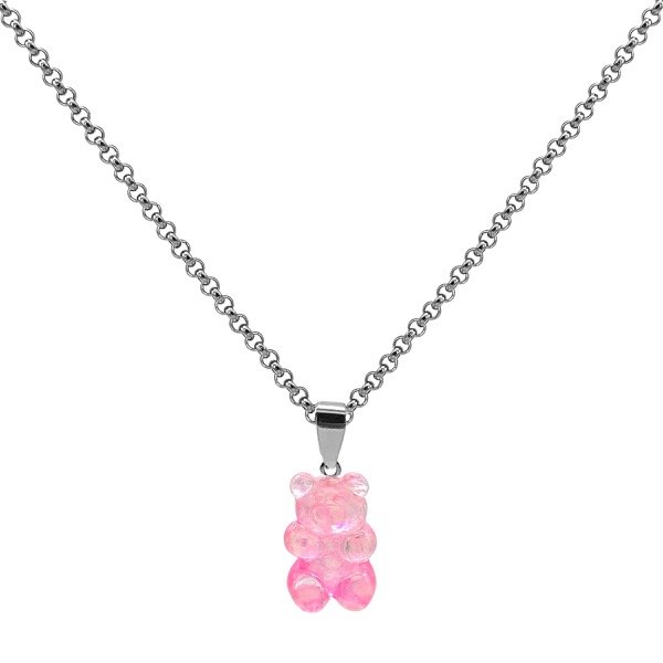 Producto - Collar de acero quirúrgico - 40cm - Rolo 3mm - Osito Gummy - Rosa