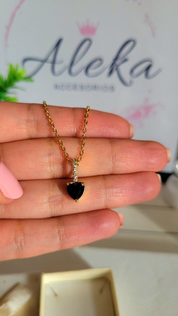 Producto - Collar corazón cubic negro con strass de acero dorado - 2