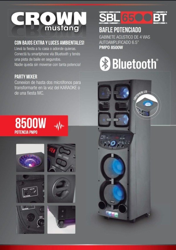 Producto - PARLANTE TORRE CROWN MUSTANG SBL-6500BT DOBLE WOOFER 6.5" X2  8.500 PMPO