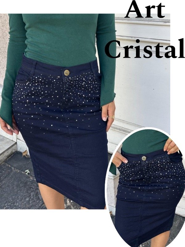 Producto - Pollera de jeans Cristal brillos AZUL OSCURO