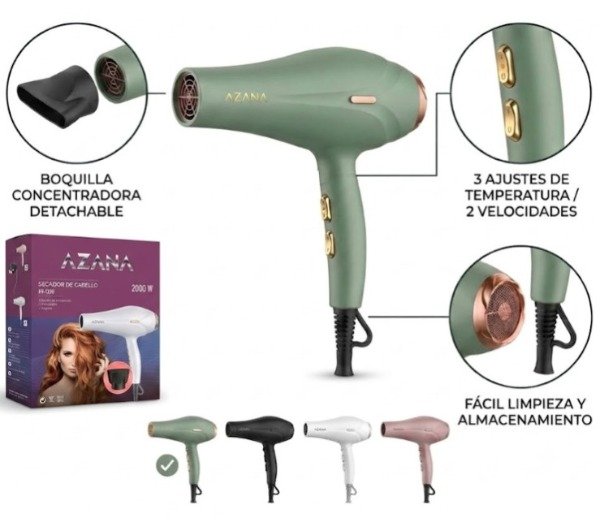 Producto - Secador De Pelo Azana 2000w Boquilla 2 Velocidades 3 Temperatura HT-7220 - 0