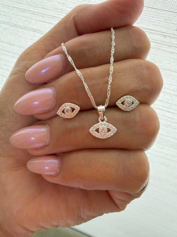 Producto - Conjunto collar y aros ojito turco plata 925