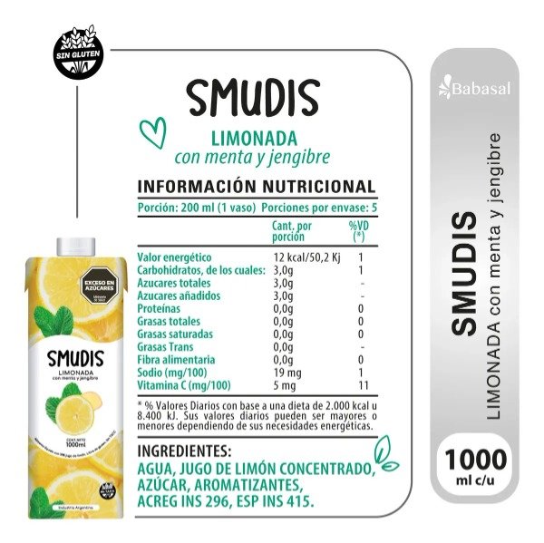 Producto - Jugo Smudis Limonada c/ menta y jengibre x 1 lt - 1