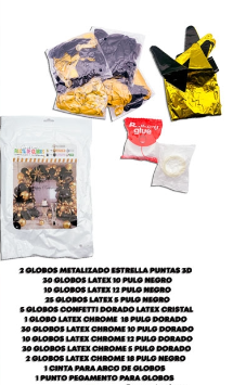 Producto - SET SUPER GUIRNALDA DE GLOBOS CHROME/METALIZADO/CONFETTI NEGRO Y DORADO 145PCS