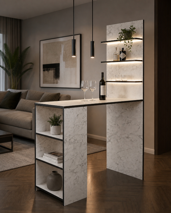 Producto - MESA BARRA MODERNA TIPO MARMOL CON ESTANTES DECORATIVOS EN MELAMINA