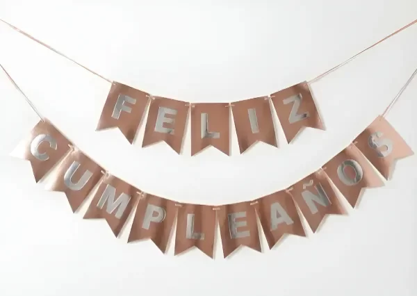 Producto - Guirnalda Rosa Gold Espejado Letras Plateadas Feliz Cumpleaños