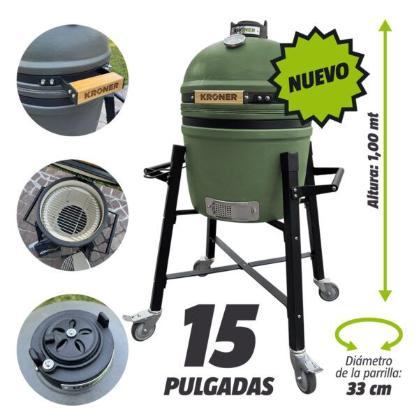 Producto - H143 Kamado Parrilla Ahumador 15 Pulgadas Cerámica c/ruedas Verde
