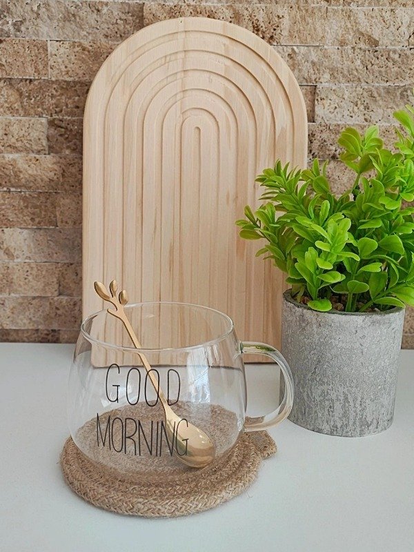 Producto - Taza Good Morning vidrio 400ml con cucharita de regalo