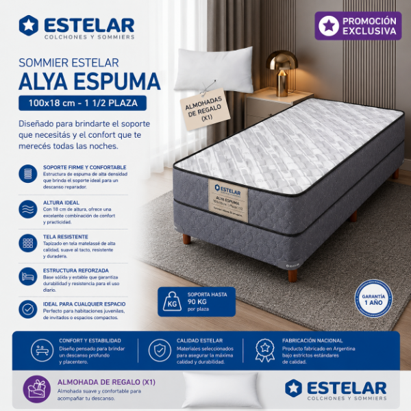 Producto - SOMMIER ESTELAR ESPUMA 100X18CM - 1 1/2 PLAZA + ALMOHADAS DE REGALO