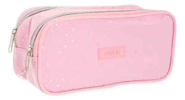 Producto - Cartuchera Escolar Owen 2 Compartimentos Rosa Corazones Plateados - 1