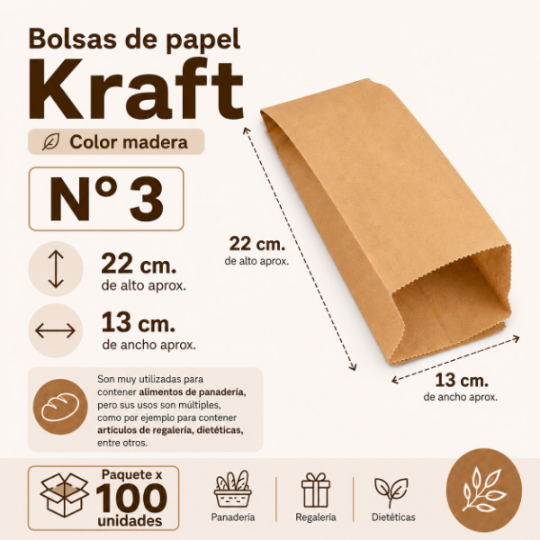 Producto - BOLSA PAPEL KRAFT PARA PANADERÍA N 3(22x13) X100
