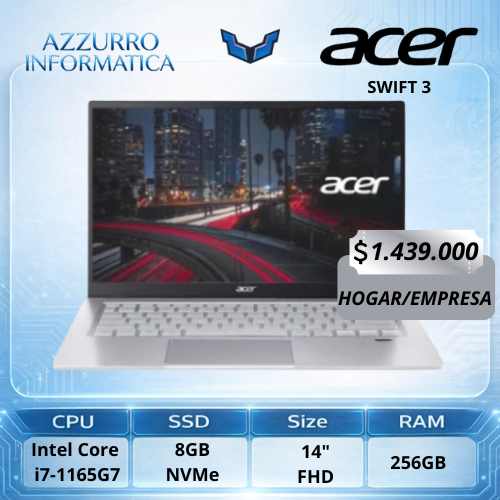 Producto - Notebook Acer 14" FHD, Intel Core i7-1165G7 8GB, 256GB NVMe SSD, Iris Xe