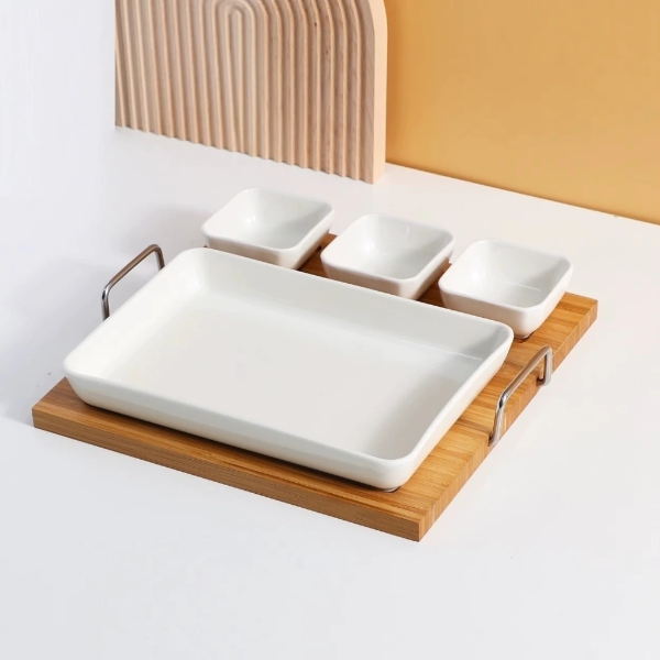 Producto - Set Plato + 3 Cazuelas Porcelana con Bandeja Madera