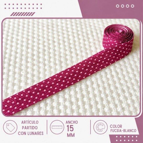 Producto - Elástico partido lunares fucsia-blanco 15mm (por metro)