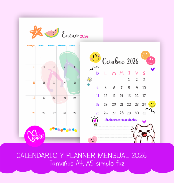 Producto - CALENDARIO Y PLANNER MENSUAL 2026 Archivo digital