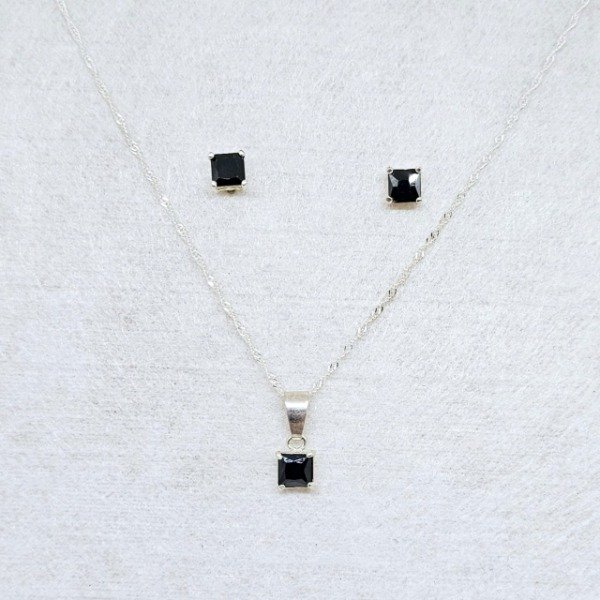 Producto - CONJUNTO cadena, dije y aros Piedra Cuadrada Negra, de plata (cod891-3514-1216)