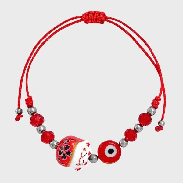 Producto - Pulsera de hilo y acero quirúrgico - Gatito - Amuletos - Rojo
