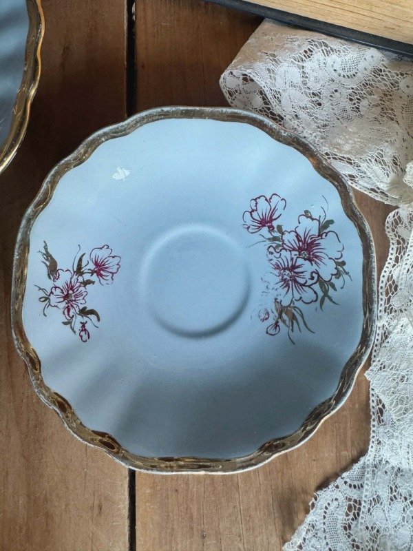 Producto - 6 Platos de té de loza inglesa Meakin celeste y dodado