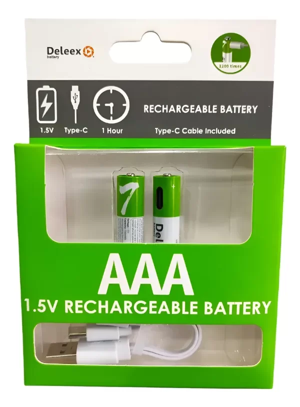 Producto - Pilas Recargables AAA 1.5V 750mWh USB Tipo C Deleex Pack 2