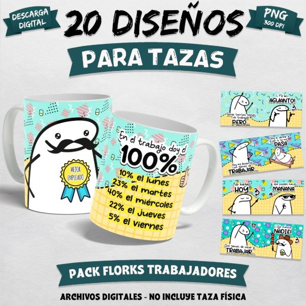 Producto - Pack 20 Diseños para Tazas Divertidas Florks Trabajadores  PNG 300 DPI