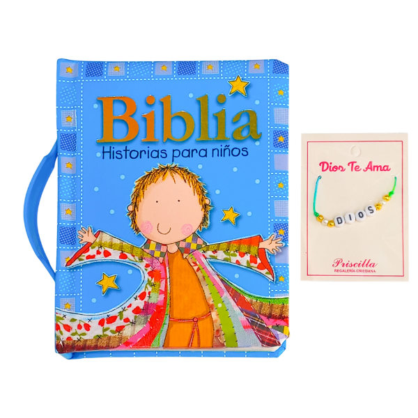 Producto - Kit Infantil 002 Biblia Valijita Azul + Pulsera De Hilo Regulable