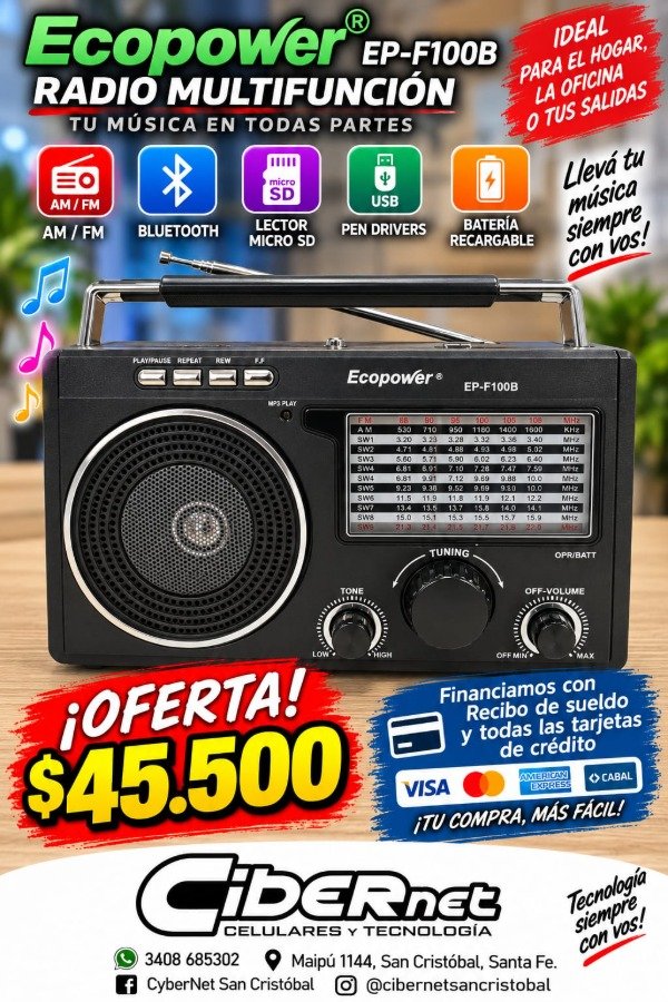 Producto - Radio AM FM Bluetooth USB micro SD Ecopower F100B