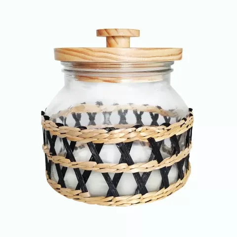 Producto - Frasco vidrio revestido con mimbre con tapa de madera