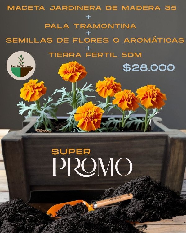 Producto - Promo Maceta de madera + Palita + Tierra + Semillas