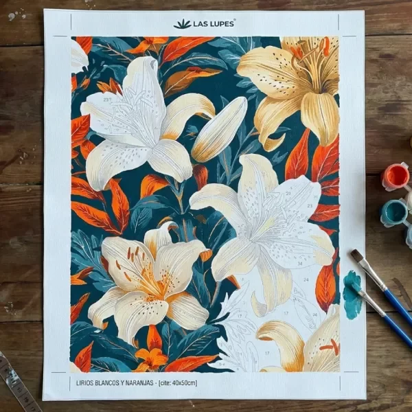 Producto - Kit Pintando con Numeros - FLORES de WILLIAM MORRIS - Canvas 45x55cm  materiales - 1