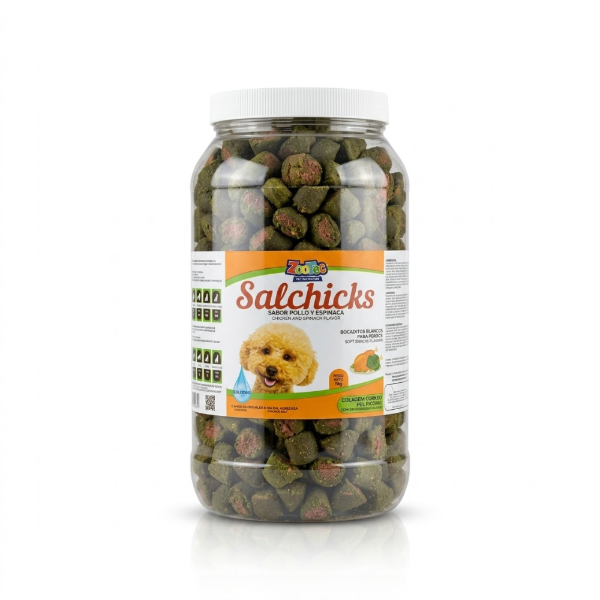 Producto - ZOOTEC Bocaditos Salchicks Pollo y Espinaca en frasco x 2 Kg (aprox 400 unidades