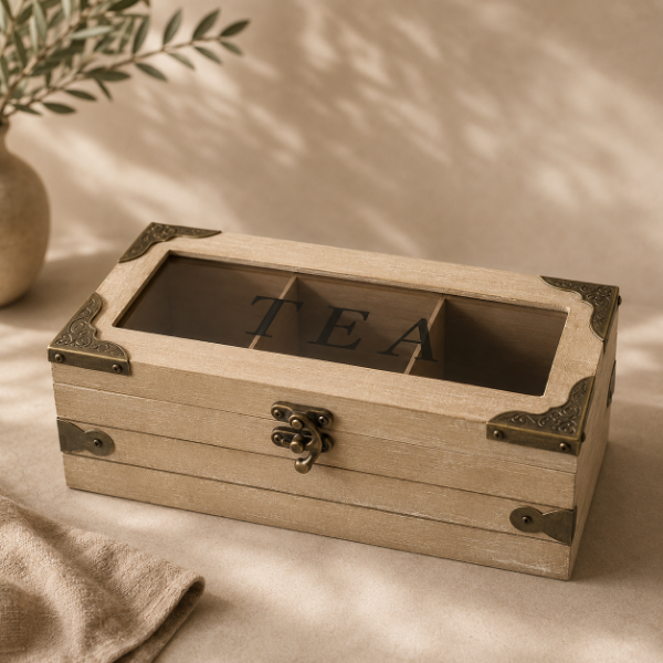 Producto - Caja para Té de Madera con Compartimentos y Visor Transparente
